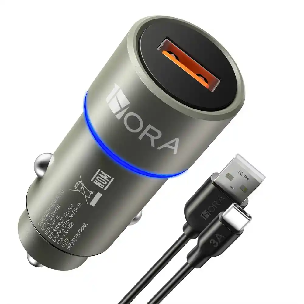 Cargador 1hora Para Carro Puerto Usb + Cable Tipo C Gar116