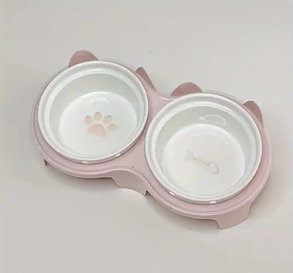 Plato Doble Con Base Alta Para Mascota Pequeña Rosa