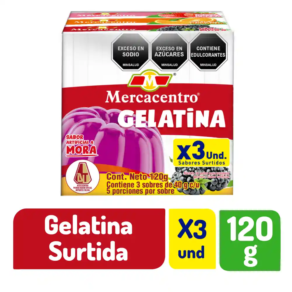 Gelatina Mercacentro X 3 Und (fresa, Naranja Y Mora)