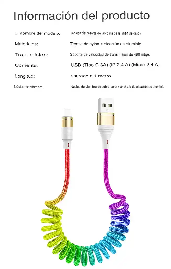 Cable Tipo C Retráctril De Colores 3a Carga Rapidade 1 Metro
