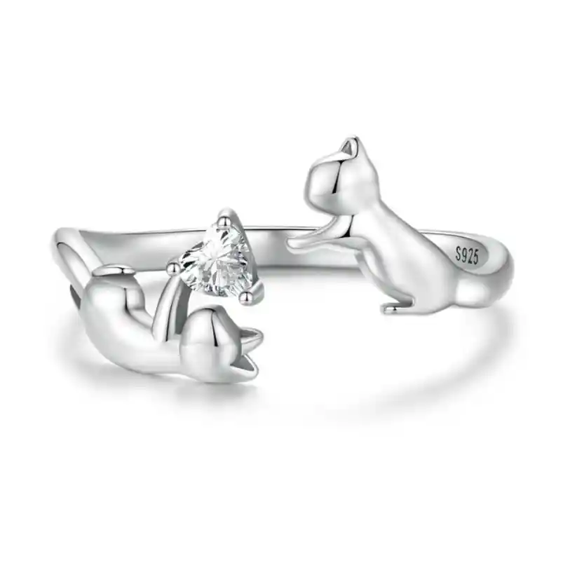 Anillo Ajustable Para Mujer Gatos Jugando Corazón En Plata