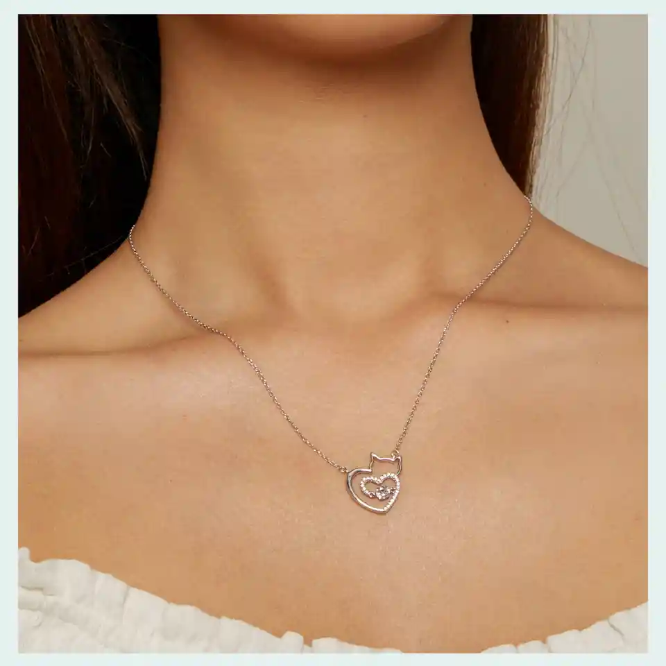 Collar Cadena Mujer Dije Gato Corazón Fabricado En Plata 925