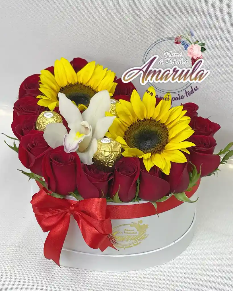 Caja De Rosas, Girasol Y Orquidea
