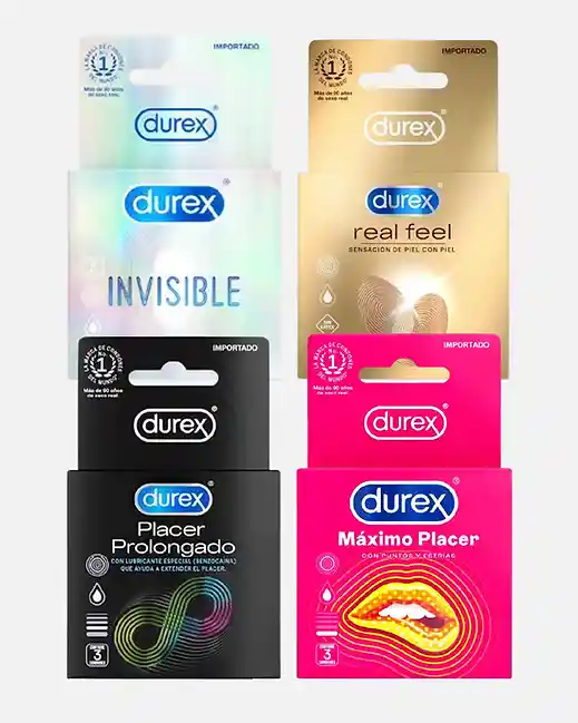 Combo Condones Durex X12 Unds (max Placer + Invisible + Real Feel + Placer Pro)