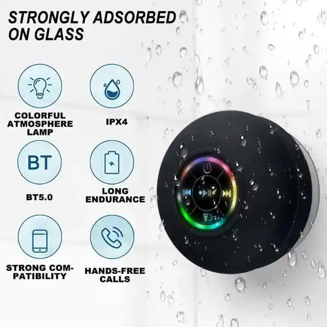 Mini Parlante De Ducha Bluetooth Luz Led 7 Colores, Manos Libres Con Micrófono Integrado, Ventosa, Bluetooth 5.0 Bts07 Impermeable (negro)