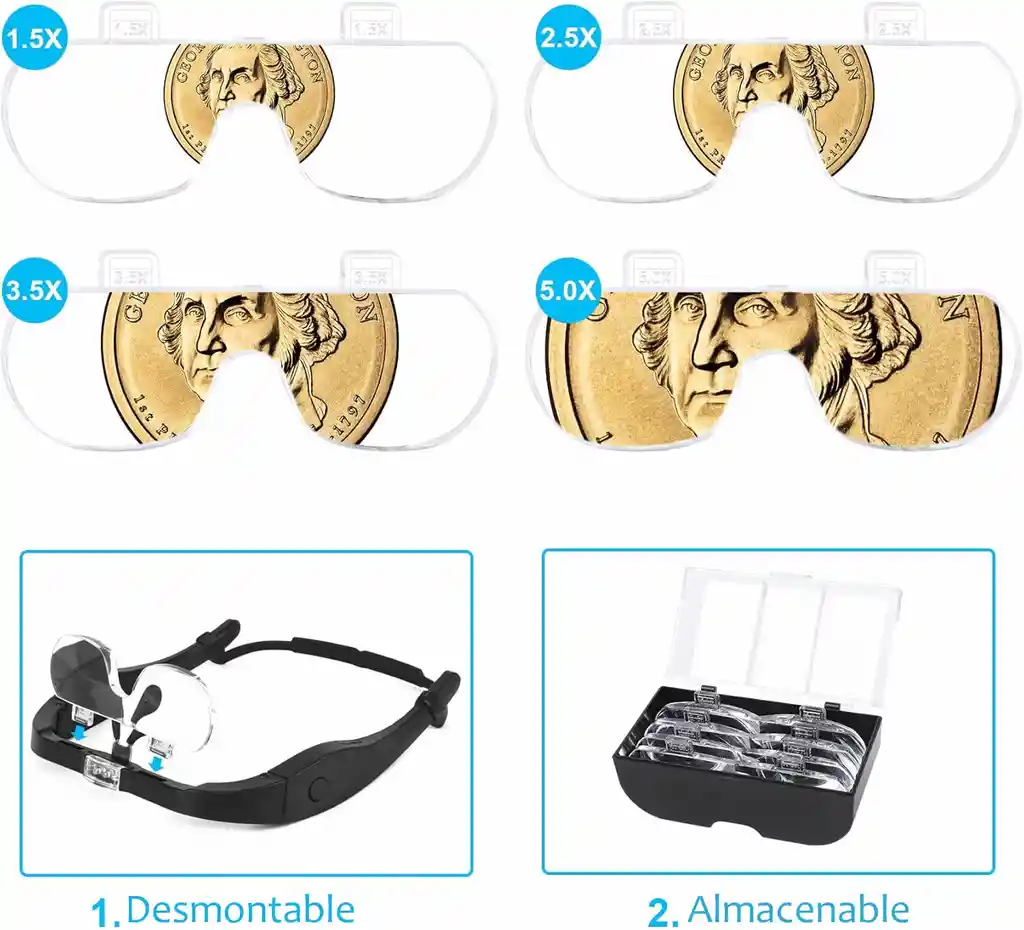 Gafas Lupa Aumento Vision Luz Led Recargable Optivisor 4 lentes