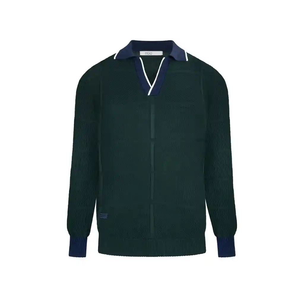 Polo Long Sleeves Verde Collo Blu Talla S