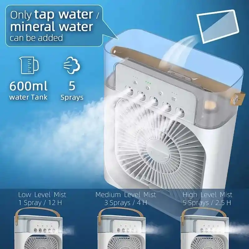 Ventilador 3 En 1 Para El Hogar . Enfriador De Aire Pequeño Con Luz Led Nocturna Y Humificador.