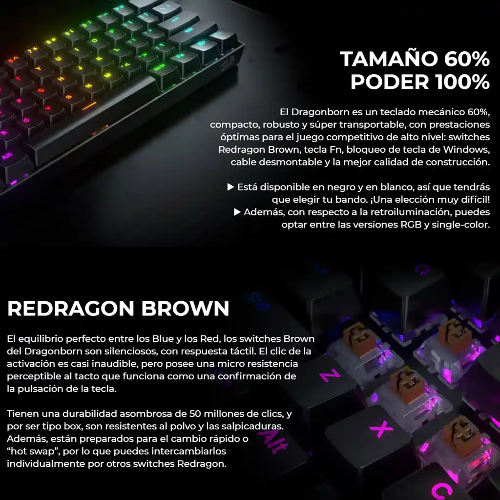 Teclado Gamer Redragon K630-rgb-sp Dragonborn 60% Sw-brown