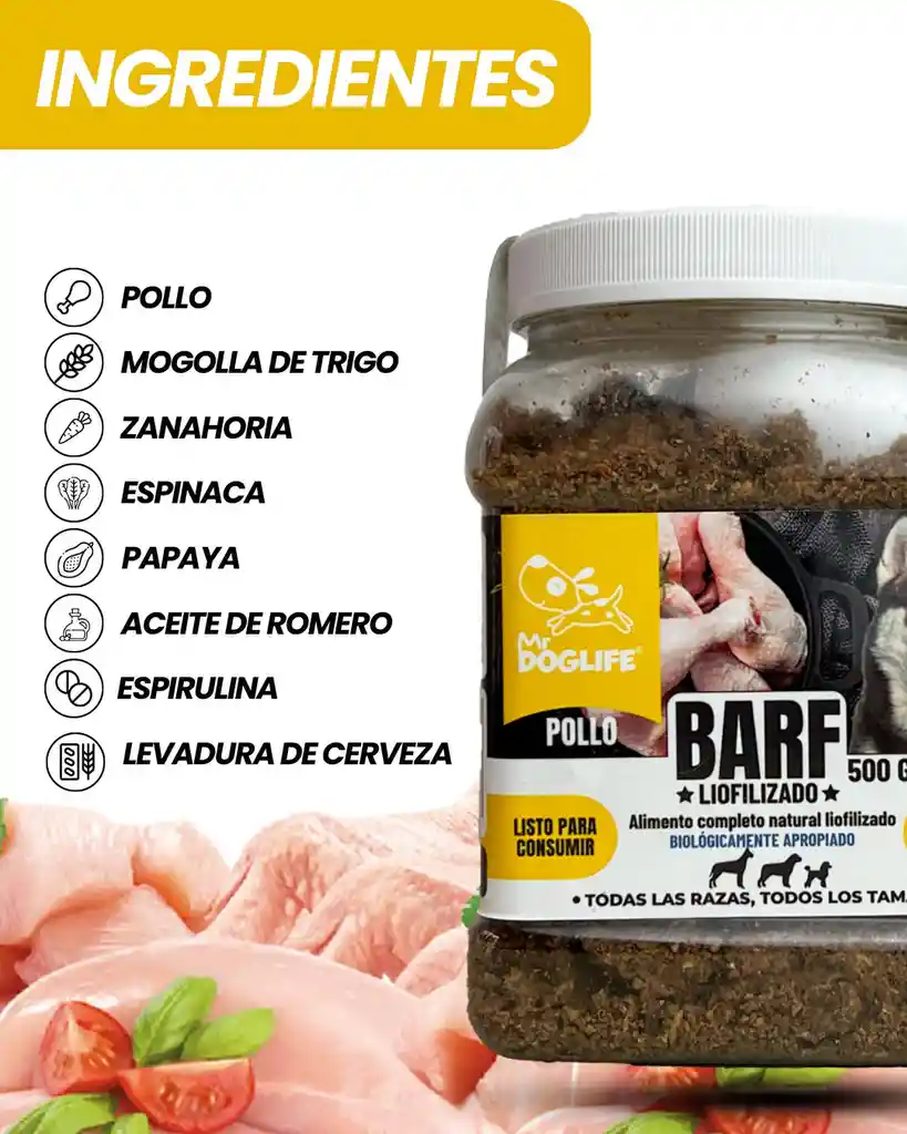 Barf Para Perros Liofilizado Pollo 500 Gr Barf Para Mascotas En Polvo Pollo