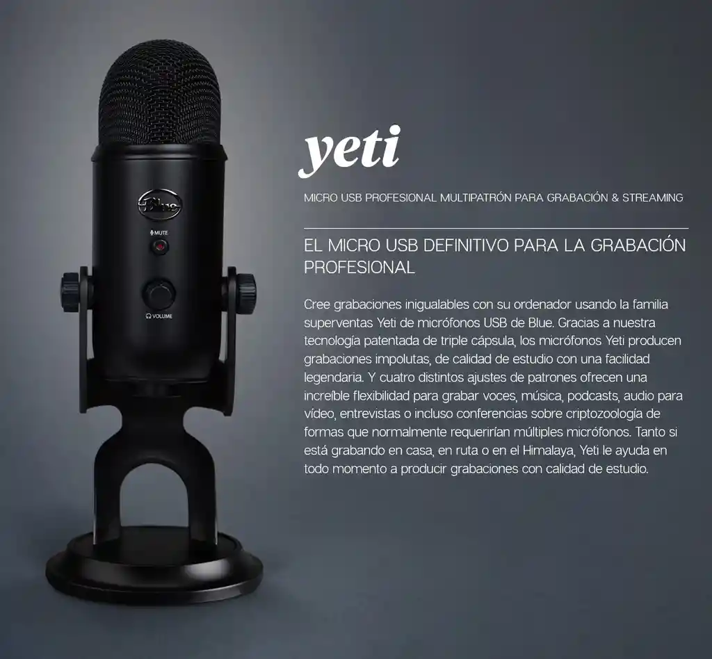 Micrófono Streaming Usb De Condensador Blue Yeti Pc Mac Negro