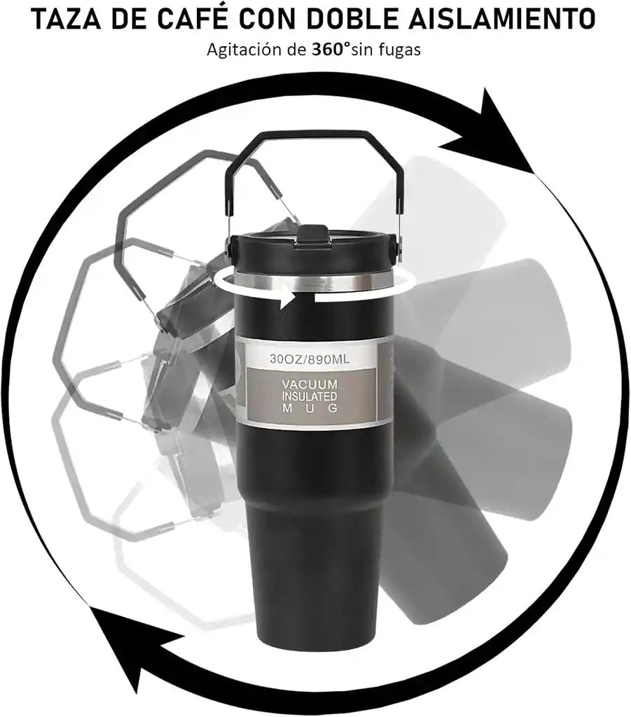 Vaso Tipo Stainless Térmico Manija Y Pitillo Tarro 30 Onzas Negro