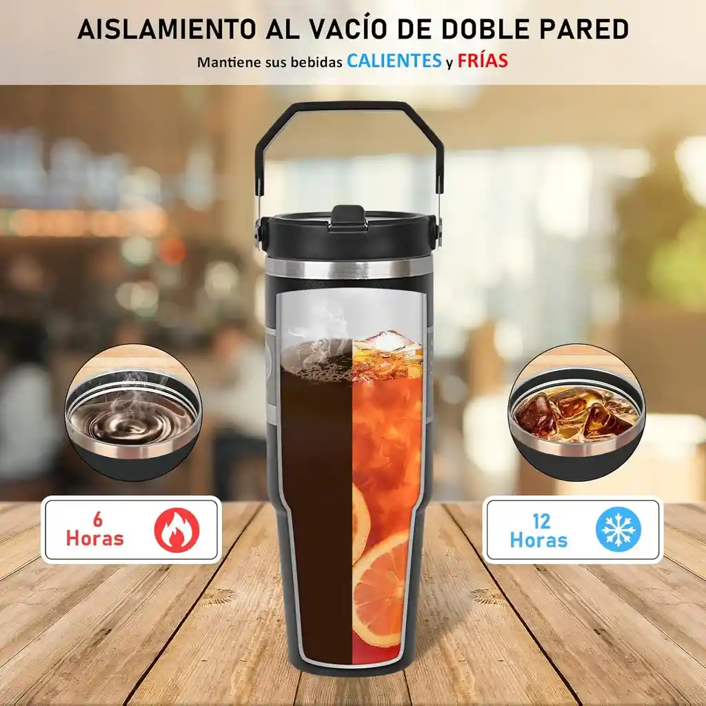 Vaso Tipo Stainless Térmico Manija Y Pitillo Tarro 30 Onzas Negro