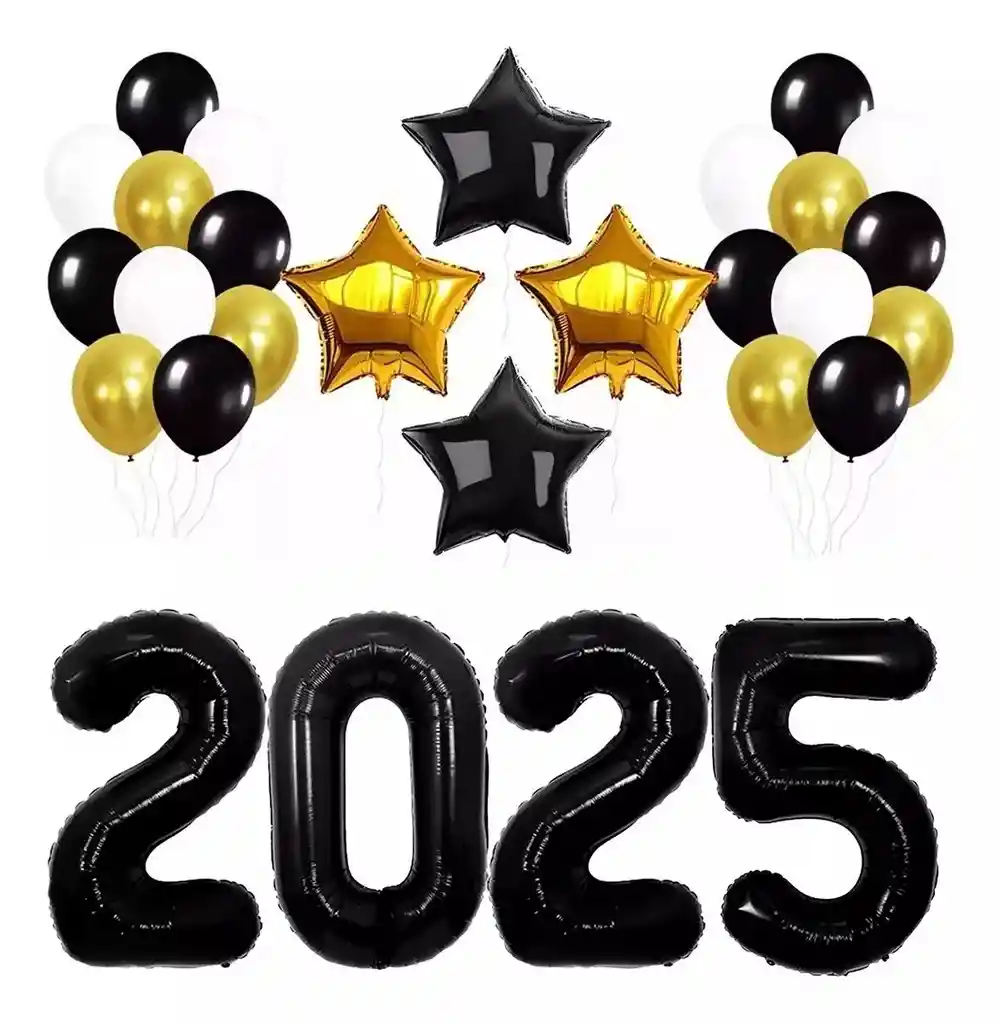 Globo Decoracion Fin De Año Numero 2025 Negro Kit Estrellas