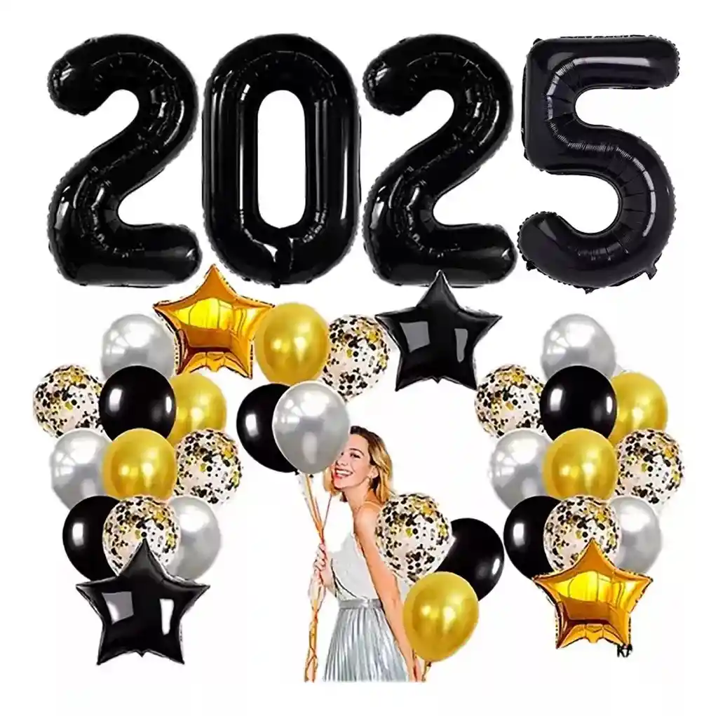 Globo Decoracion Fin Año Numero 2025 Dorado Negro Estrellas