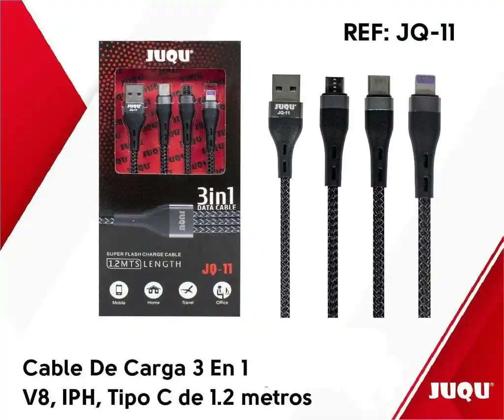 Cable De Carga 3 En 1 V8, Iphone, Tipo C 1.2 Metros Juqu Ref: Jq-11