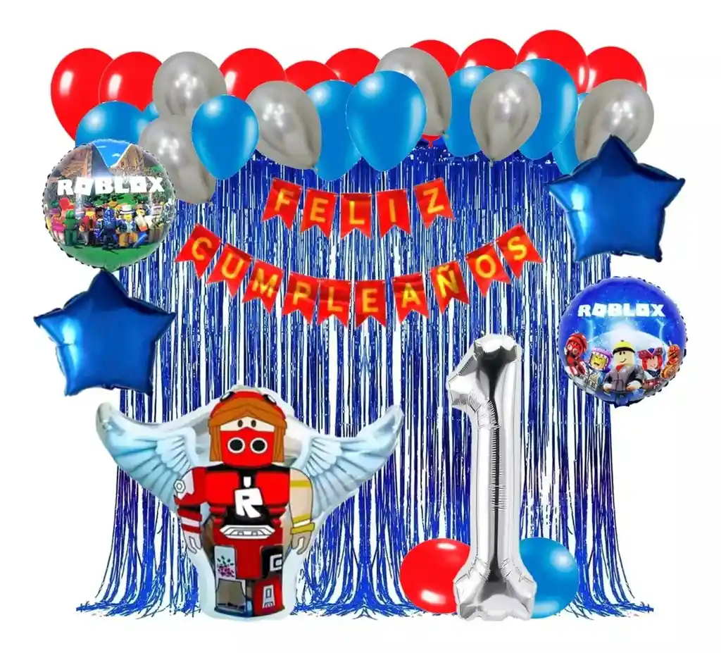 Kit Decoración Globos Roblox Rojo Plateado Cortina Numero # 1