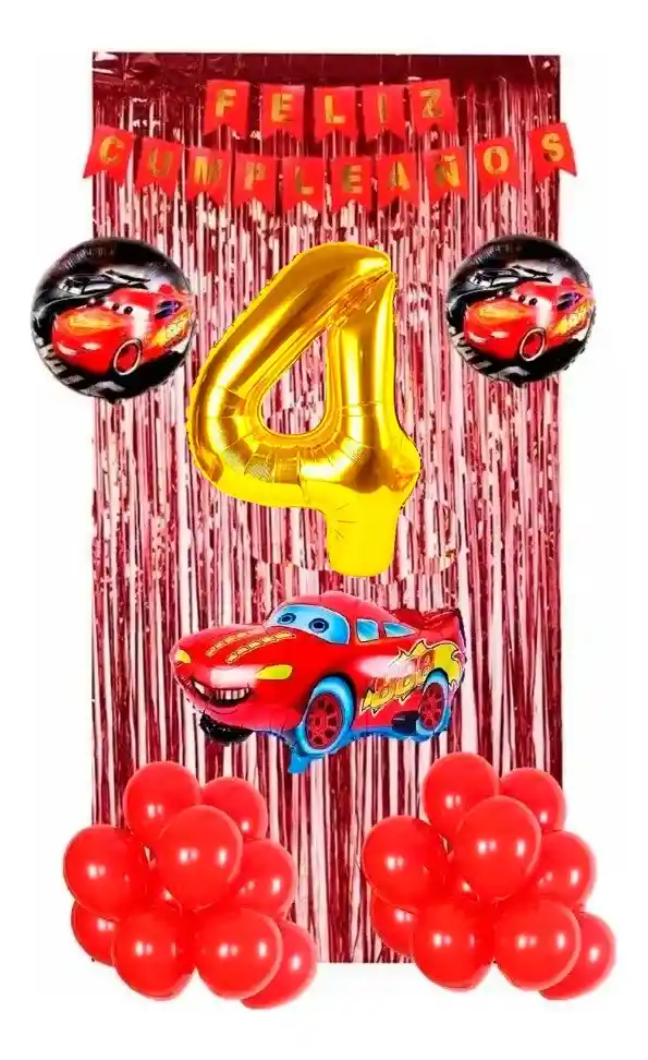 Kit Globos Decoración Cars Carros Rojo Dorado Cortina # 4