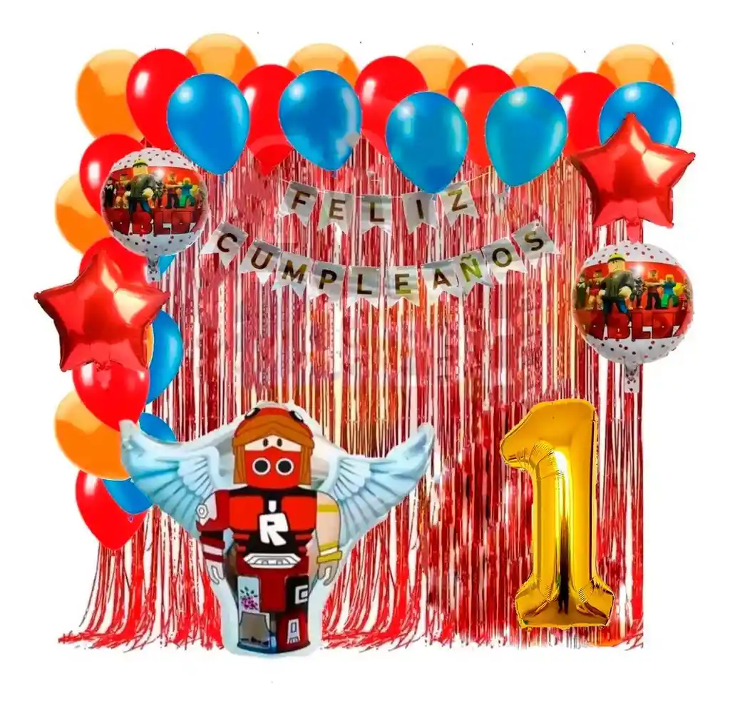 Kit Decoración Globos Roblox Rojo Dorado Cortina Numero # 1