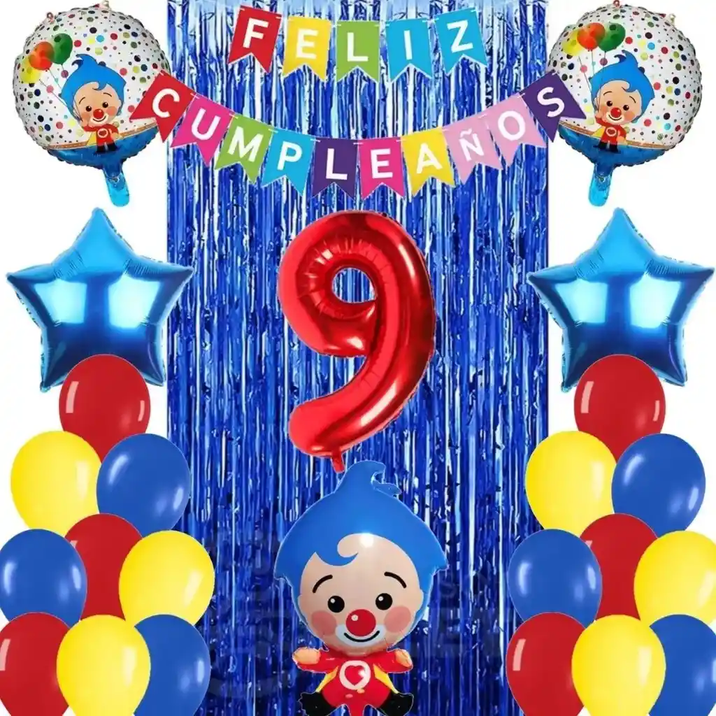 Decoración Globos Payaso Plim Circo Rojo Azul Cortina Numero # 9