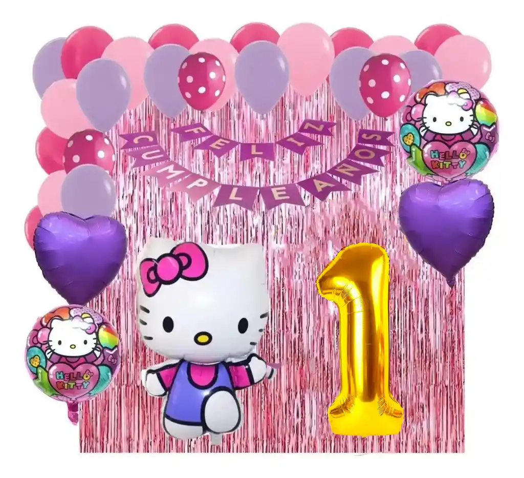 Kit Decoracion Gata Hello Kitty Fucsia Rosado Numero Cortina # 1