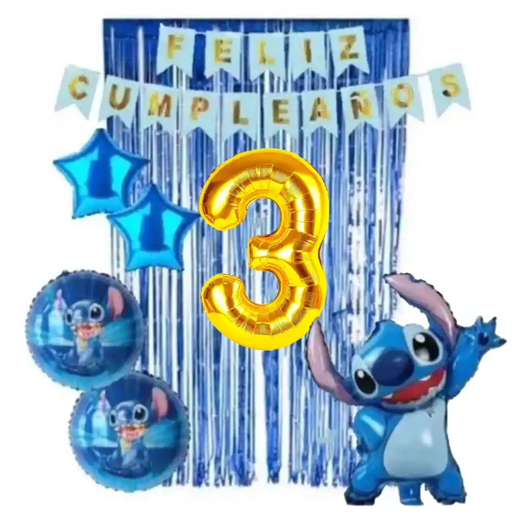 Kit Decoración Lilo Y Stitch Azul Cortina Numero Feston # 3