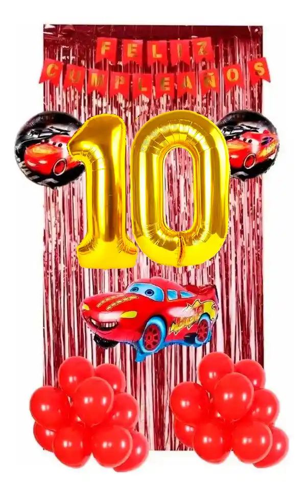 Kit Globos Decoración Cars Carros Rojo Dorado Cortina # 10