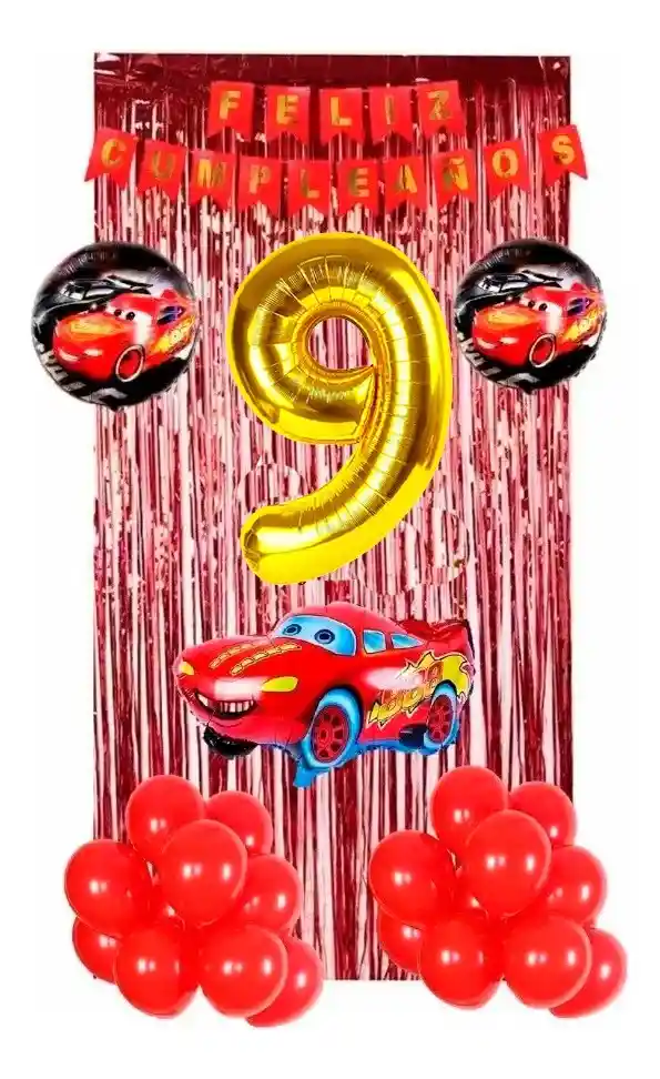 Kit Globos Decoración Cars Carros Rojo Dorado Cortina # 9