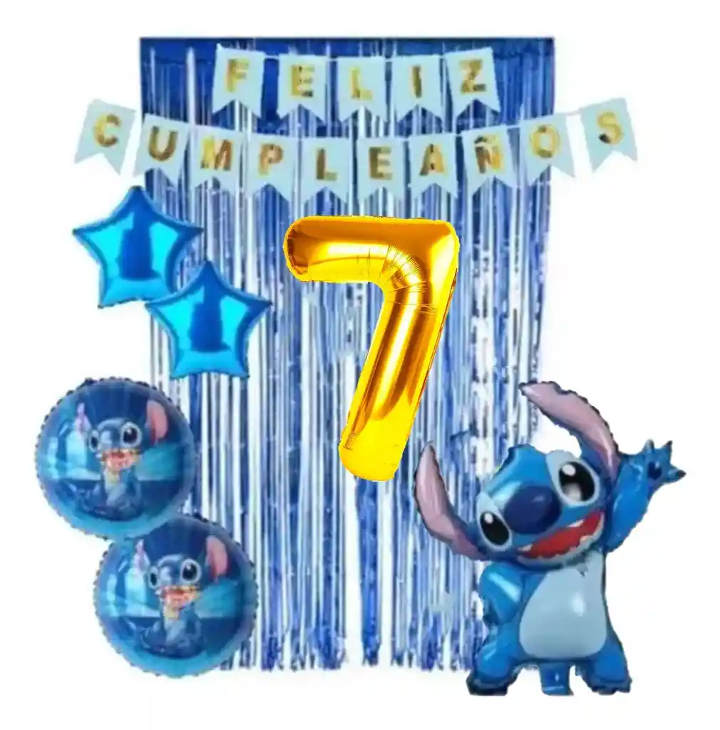 Kit Decoración Lilo Y Stitch Azul Cortina Numero Feston # 7