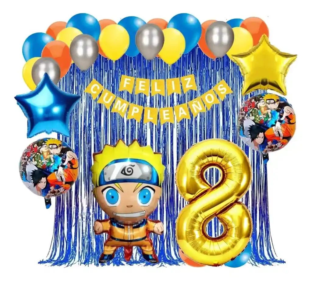 Kit Decoracion Globos Naruto Azul Cortina Numero Cumpleaños # 8