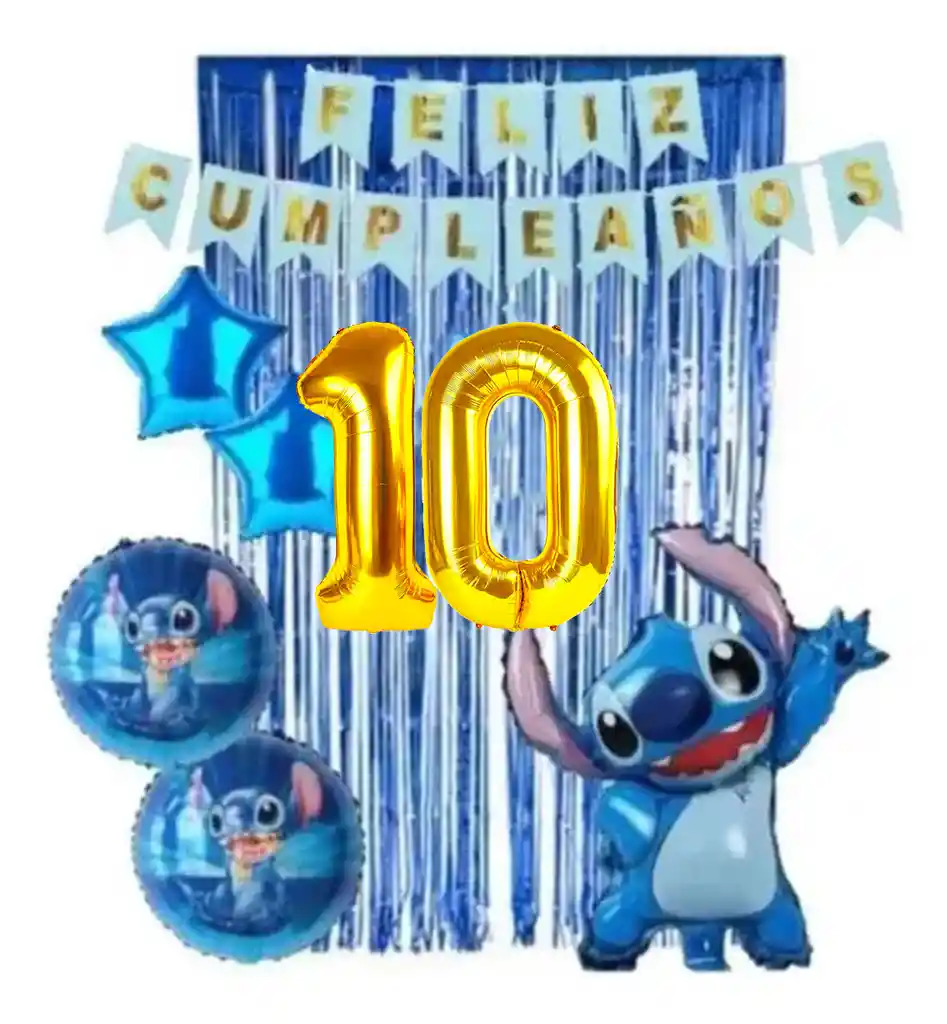 Kit Decoración Lilo Y Stitch Azul Cortina Numero Feston # 10