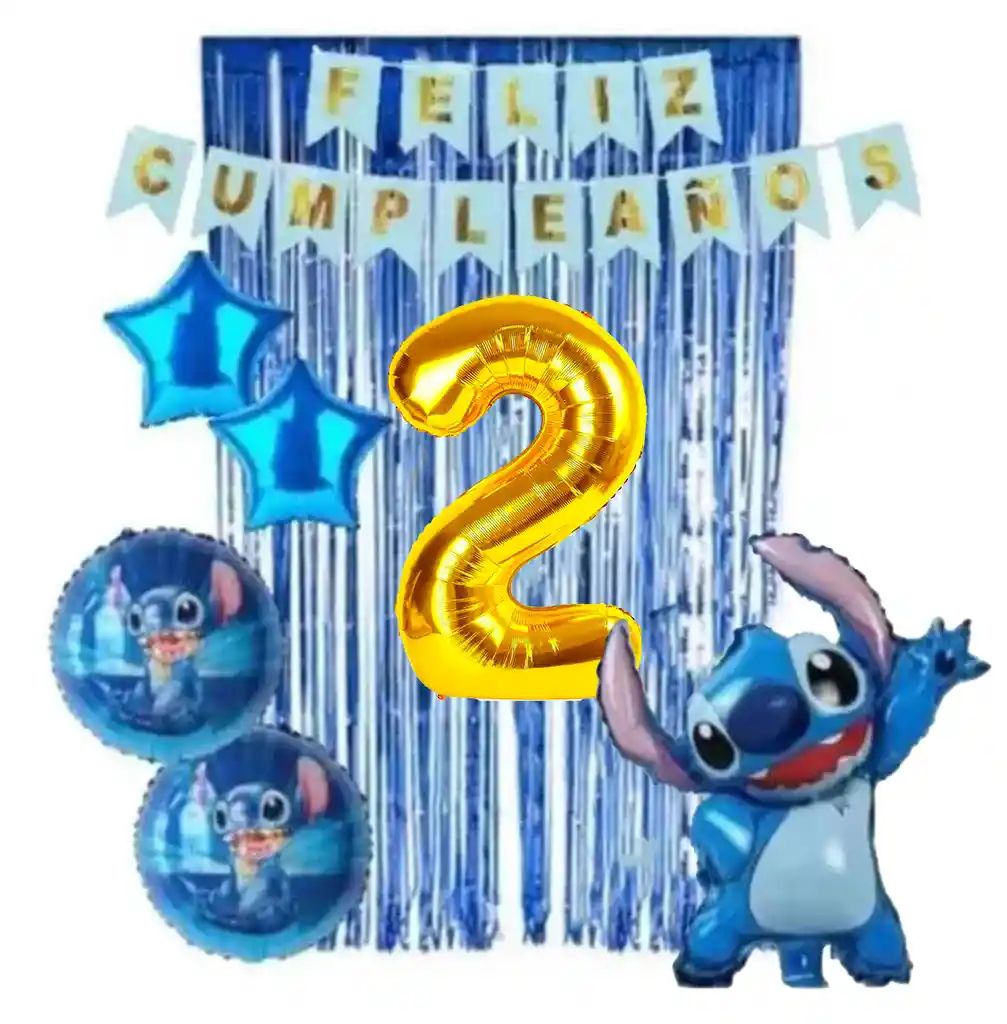 Kit Decoración Lilo Y Stitch Azul Cortina Numero Feston # 2