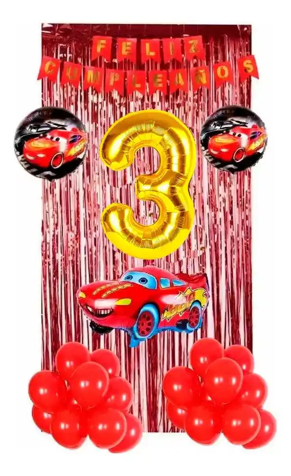 Kit Globos Decoración Cars Carros Rojo Dorado Cortina # 3