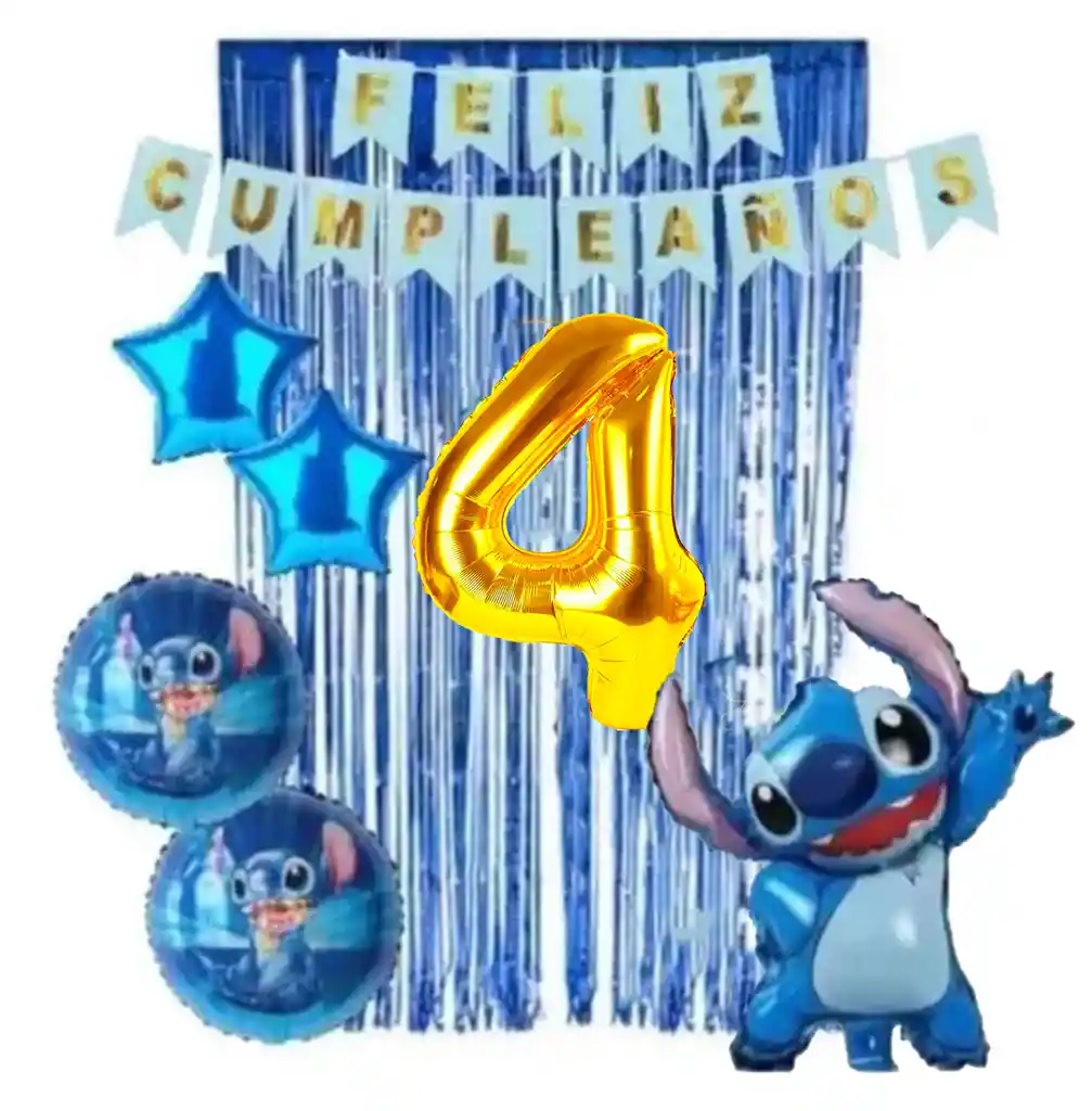 Kit Decoración Lilo Y Stitch Azul Cortina Numero Feston # 4