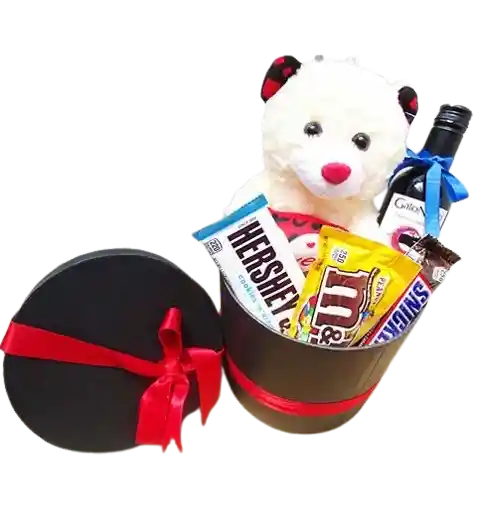 Arreglo Oso Iris Con Peluche, Vino Y Chocolates