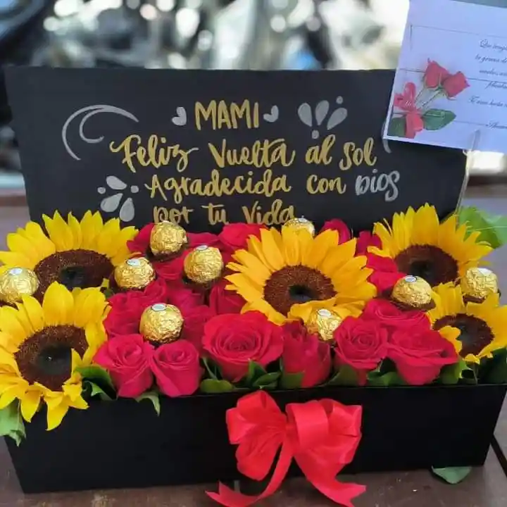 Caja De Rosas Y Girasol+chocolates