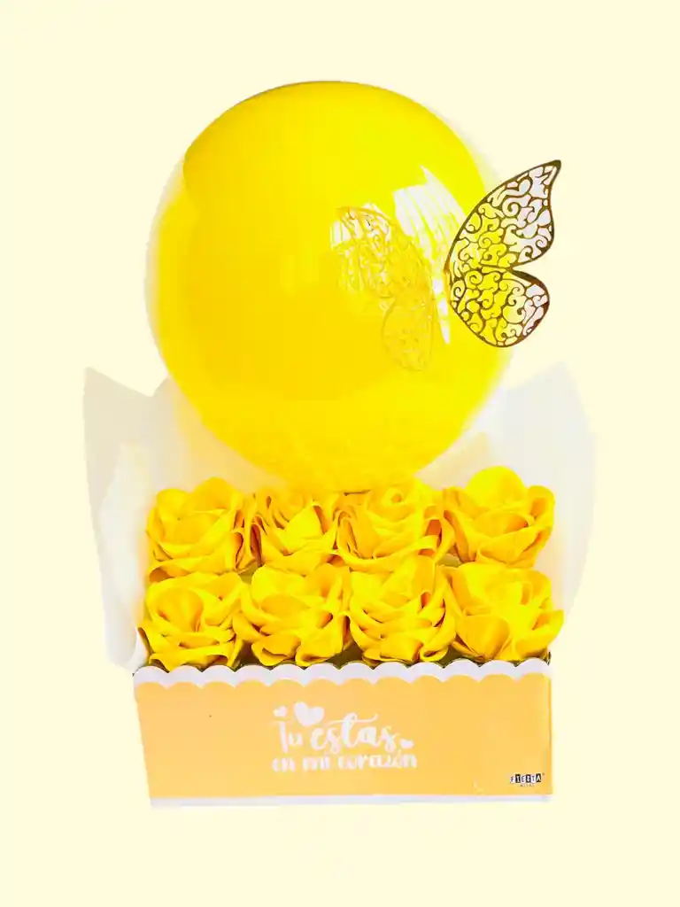 Regalo Flores Amarillas Caja De Rosas Eternas Amarillas Con Globo Y Mariposa - Regalo Amor Y Amistad - 21 De Septiembre