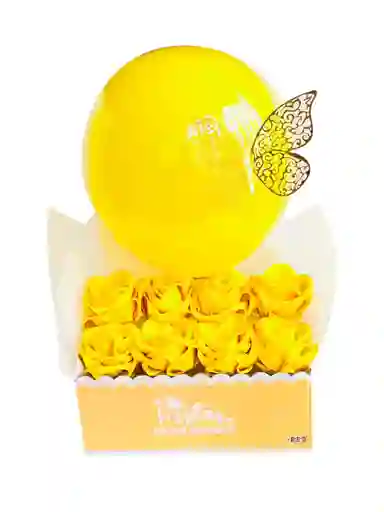 Regalo Flores Amarillas Caja De Rosas Eternas Amarillas Con Globo Y Mariposa - Regalo Amor Y Amistad - 21 De Septiembre