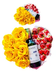 Regalo Flores Amarillas Corazon Especial Premium Con Vino, Rosas Amarillas Eternas Y Chocolates - Feliz Dia - Regalo Sorpresa - Regalo Cumpleaños