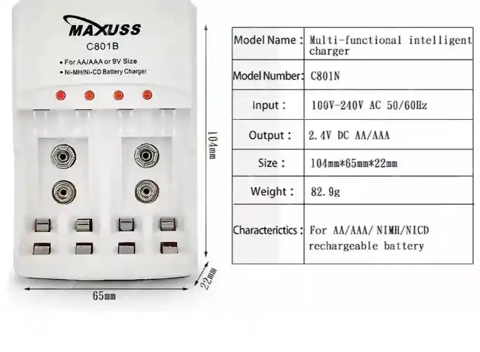 Cargador Baterias Aa Aaa 9v + 4 Pilas Aa Recargables De 3000mah Maxuss