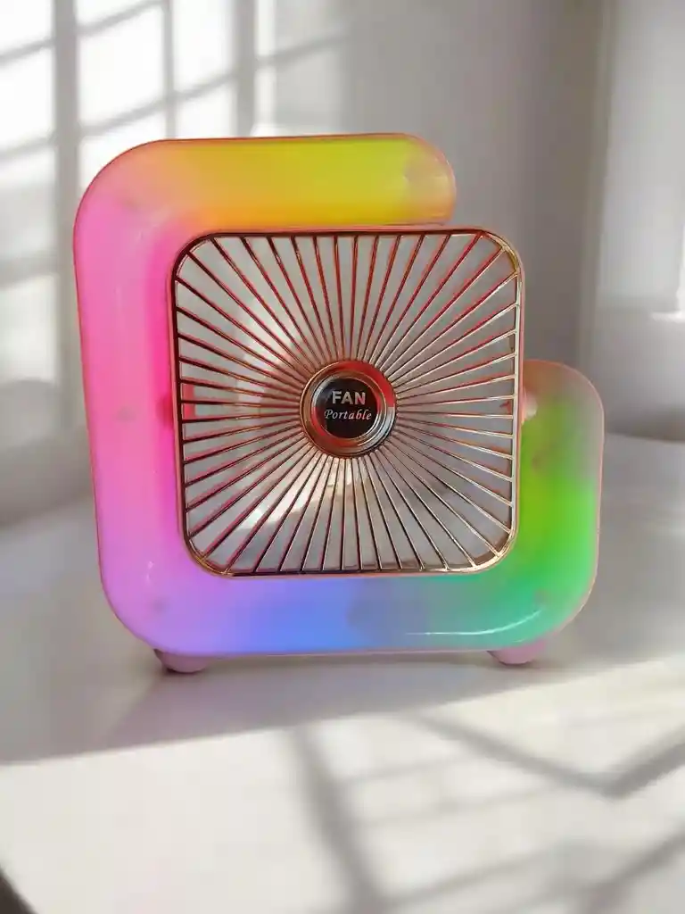 Ventilador Portátil Con Luz Nocturna 180°ajustable Led 7 Colores Rgb Cuadrado