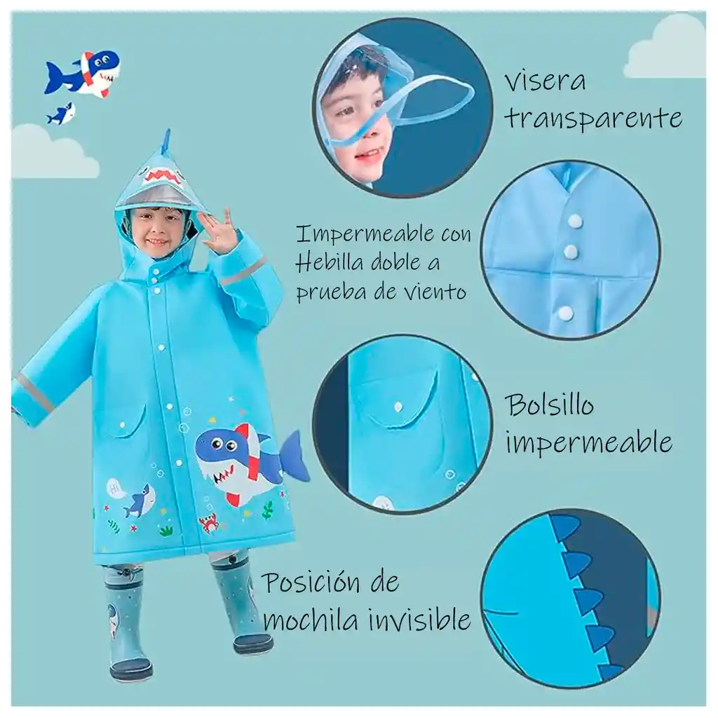 Capa Lluvia Niños Diseños Visera Impermeable Expansor Morral Tiburon