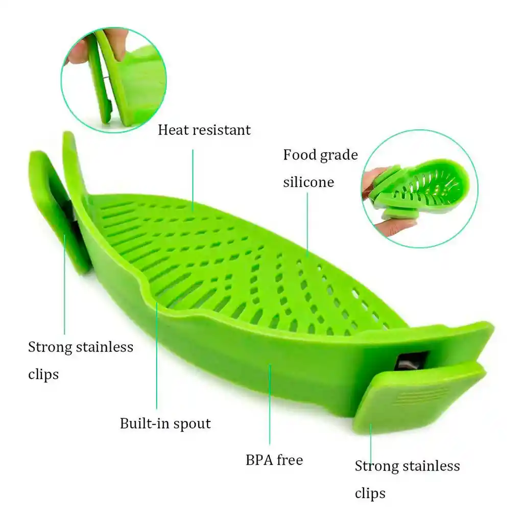 Colador Silicona Lavar Alimentos Cocina Ollas Universal Clip Verde