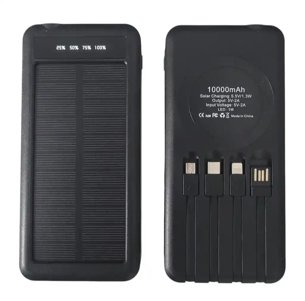 Power Bank Solar Con Linterna, De 10.000 Mah. Batería Portátil Para Celular