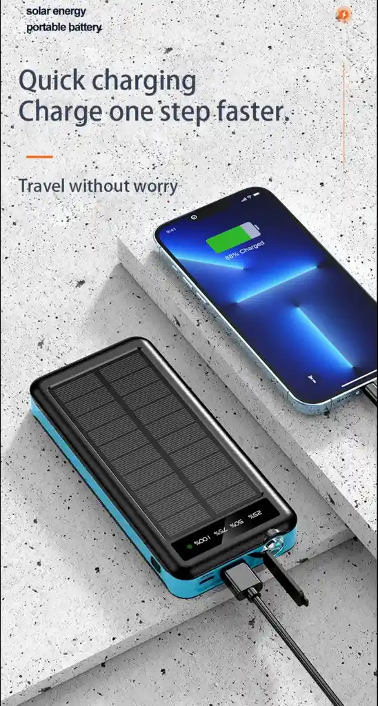 Power Bank Solar Con Linterna, De 10.000 Mah. Batería Portátil Para Celular