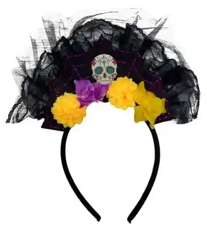 Halloween Diadema De Catrina Con Velo Flores Y Calavera