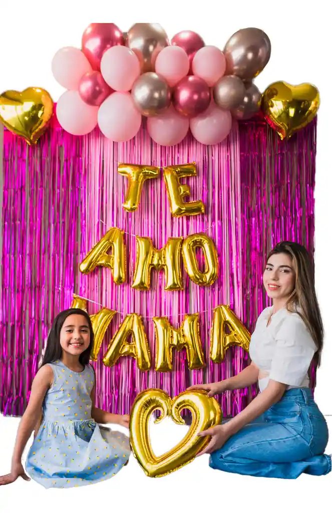 Kit Globos Feliz Día Mamá Rosado Letras Cortina Corazón