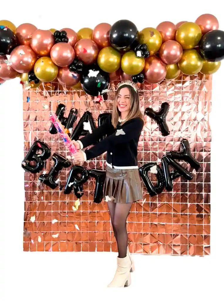 Kit Globos Oro Rosa Cumpleaños Letras Oro Rosa Dorado Negro
