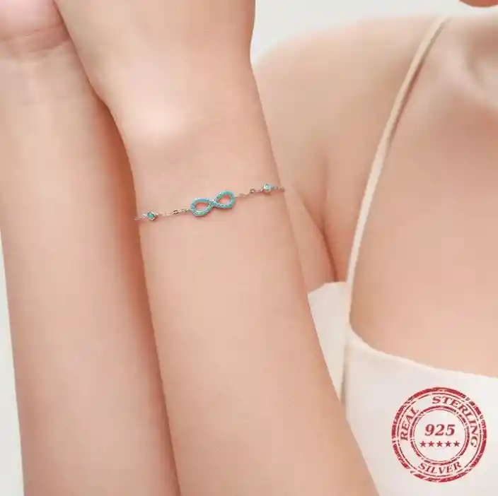 Pulsera Manilla Para Mujer Dije Infinito Turquesas En Plata