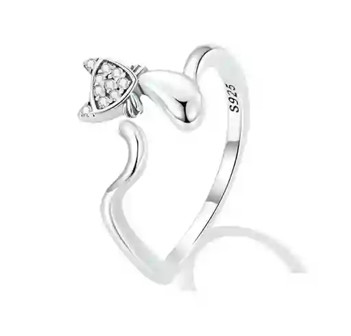 Anillo Argolla Ajustable Para Mujer Gato Circones En Plata